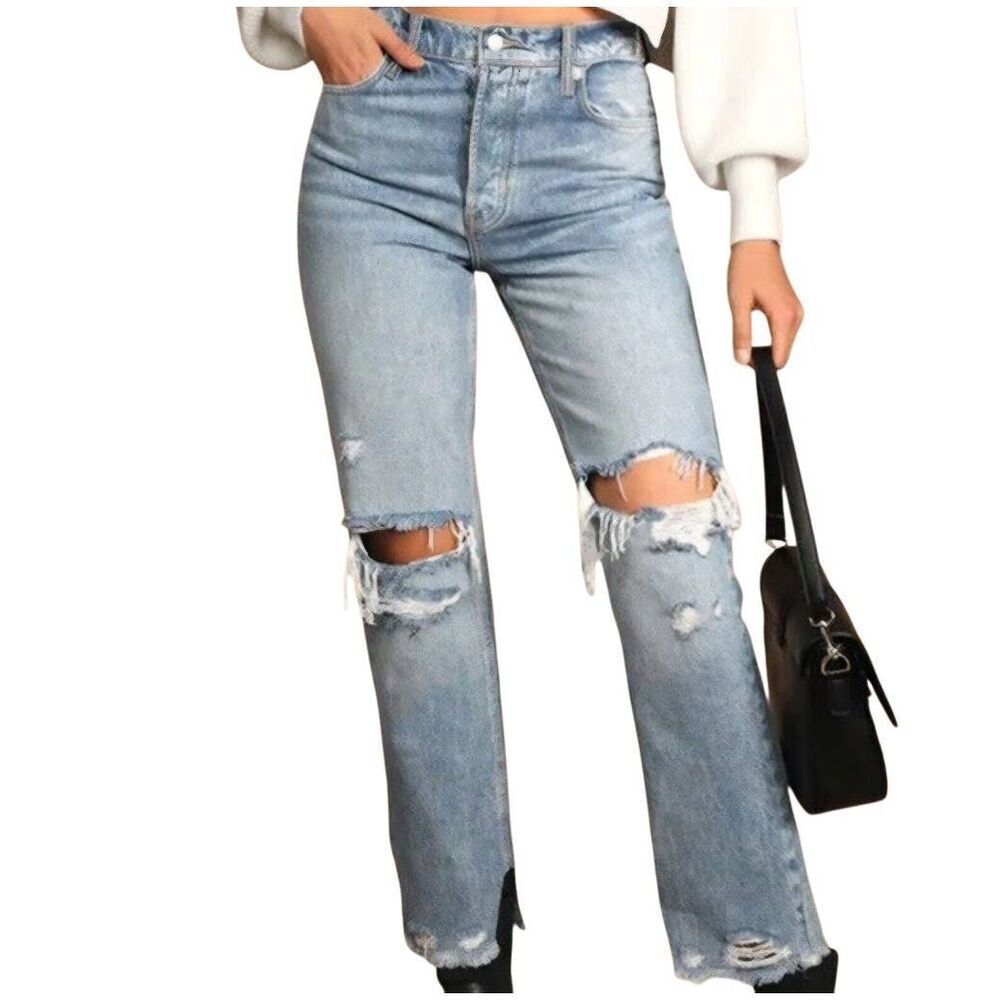 Free People Jeans Women's 26 Blue Tapered Baggy Boyfriend Ripped Raw Hem
